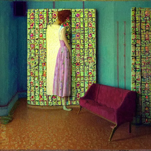 Image similar to a lonely girl in an abandoned room, film still by wes anderson, depicted by klimt, limited color palette, very intricate, art nouveau, highly detailed, lights by hopper, soft pastel colors, minimalist