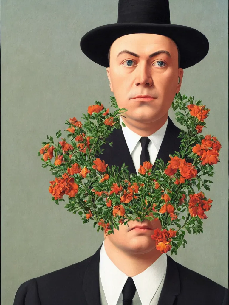 Image similar to portrait of man in a suit that has flowers instead of head by rene magritte, detailed painting, hd, hq, high resolution, high detail, 4 k, 8 k