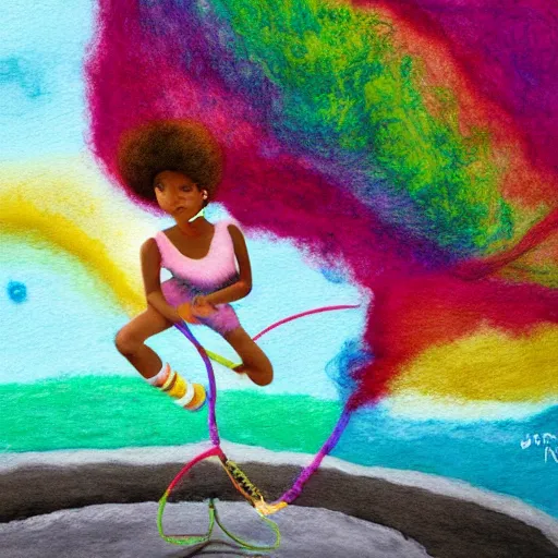 Image similar to a black girl with a colorful afro and rainbow eyes jumping rope near the nile river, bright colours, watercolor, volumetric wool felting, macro photography, children illustration, by goro fujita