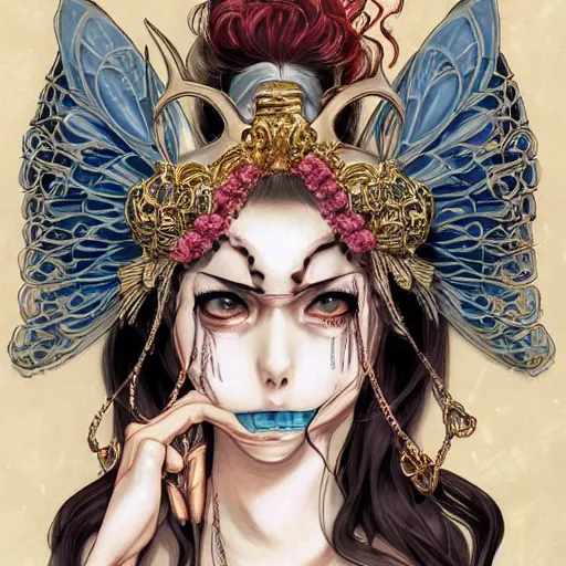 Image similar to anime manga skull portrait young woman clownskeleton, tiara, wings, intricate, elegant, highly detailed, digital art, ffffound, art by JC Leyendecker and sachin teng