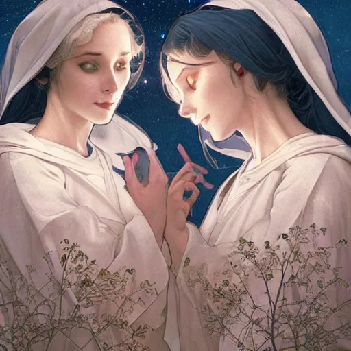 Prompt: two beautiful identical nuns under night sky, intricate, elegant, highly detailed, digital painting, artstation, concept art, smooth, sharp focus, illustration, art by artgerm and greg rutkowski and alphonse mucha, detailed anime art