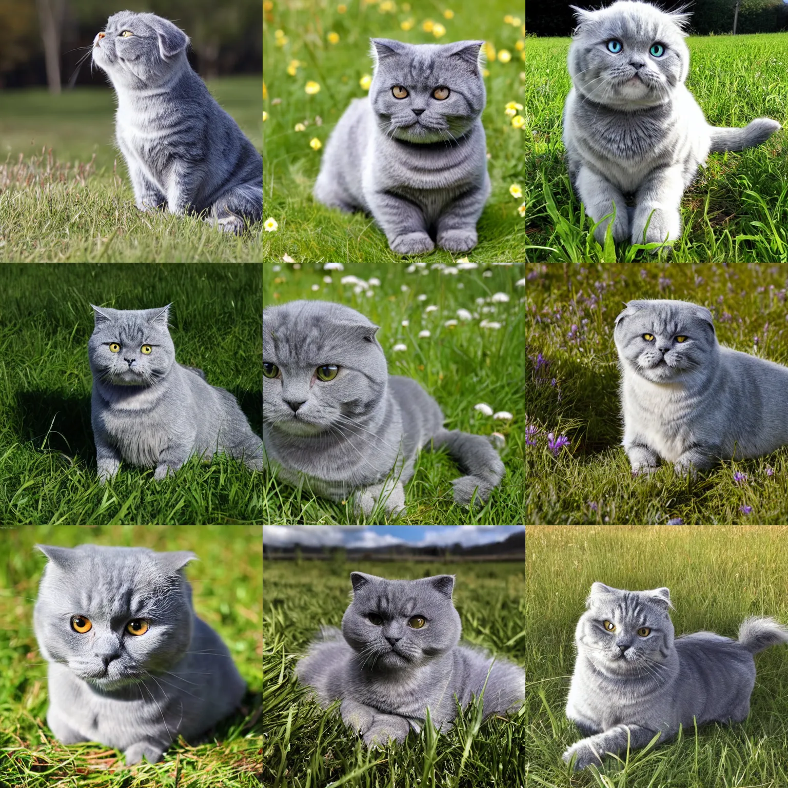 Prompt: a gray scottish fold sitting in the middle of sunny meadow, by matt groening