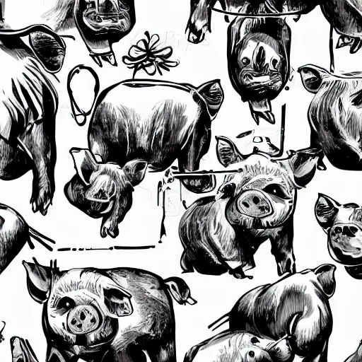 Image similar to pigs and crowns on a white background, wallpaper, Illustration, Anatomical Drawing, Painting, black and white, high contrast