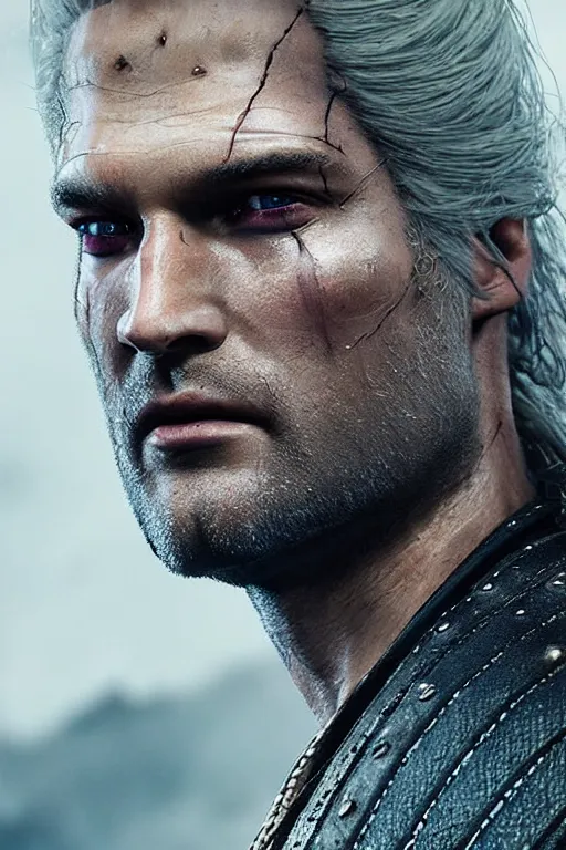 Image similar to the witcher, josh holloway face!!!, masterpiece, white hair, highly detailed face, ultra realistic, concept art, intricate details, highly detailed, photorealistic, octane render, 8 k, unreal engine. horror film still, heavy grain, 3 5 mm, art by artgerm and greg rutkowski and alphonse mucha