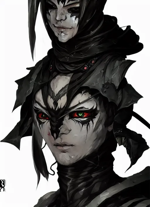 Prompt: Half body portrait of a menacing shinobi elf in scary mask In style of Yoji Shinkawa and Hyung-tae Kim, trending on ArtStation, dark fantasy, great composition, concept art, highly detailed, dynamic pose.