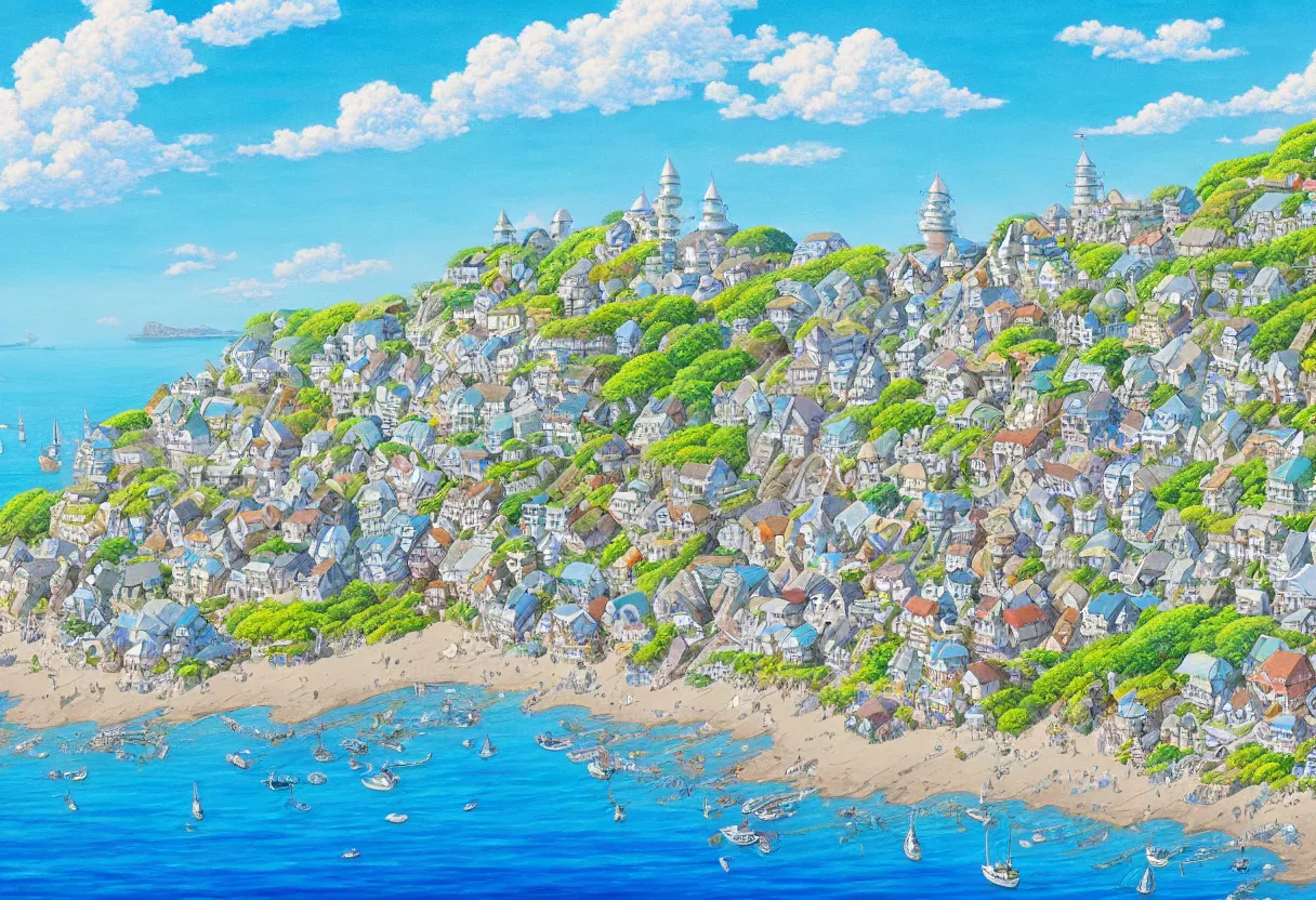 Prompt: a beautiful ultradetailed painting of a seaside town, sunny, close shot, studio ghibli sunlight, archdaily, wallpaper, highly detailed, trending on artstation