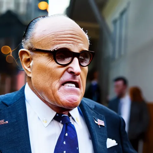 Image similar to news still of a drunk rudy giuliani holding a bottle, 4 k, professional