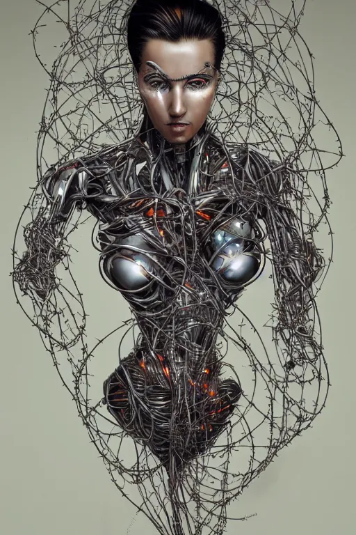 Image similar to portrait of a organic cyborg wrapped in barb wire by Hajime Sorayama and Jamie Coreth, trending on artstation, centered, symmetrical, rim lighting, electric hair, bilateral symmetry, 80s poster, polished, thick smoke, retro dark vintage sci-fi, 2D matte illustration