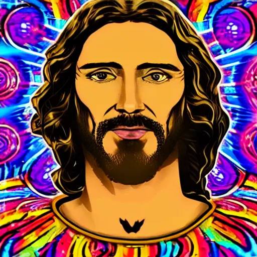 Prompt: Jesus Christ as a super DJ, realistic, psychedelic, colorful