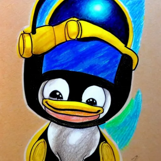 Image similar to cute drawing of a penguin on an astronaut suit, helmet on, floating on space, cartoon disney style, solid color