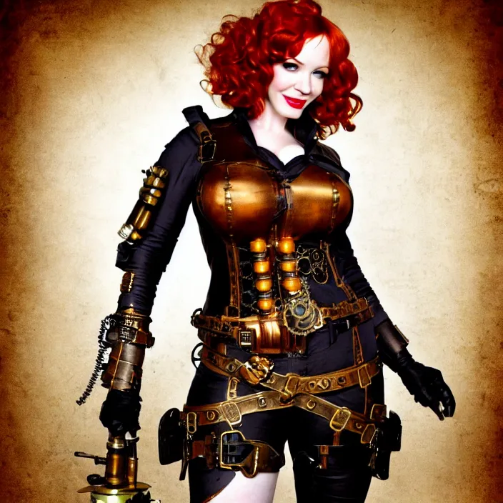 Image similar to full body photograph of christina hendricks as a steampunk warrior. Extremely detailed. 8k