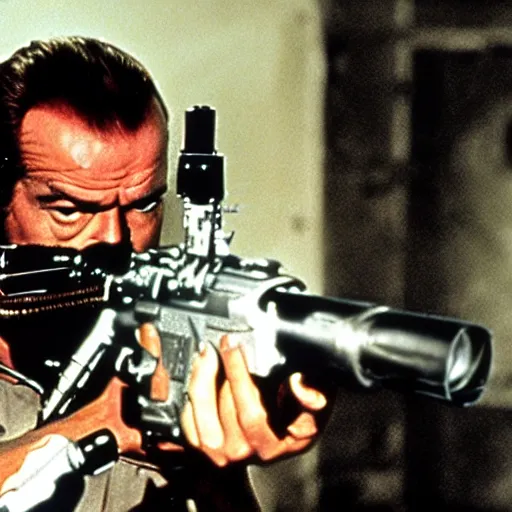 Image similar to Jack Nicholson plays Terminator, shooting from a gun, film still