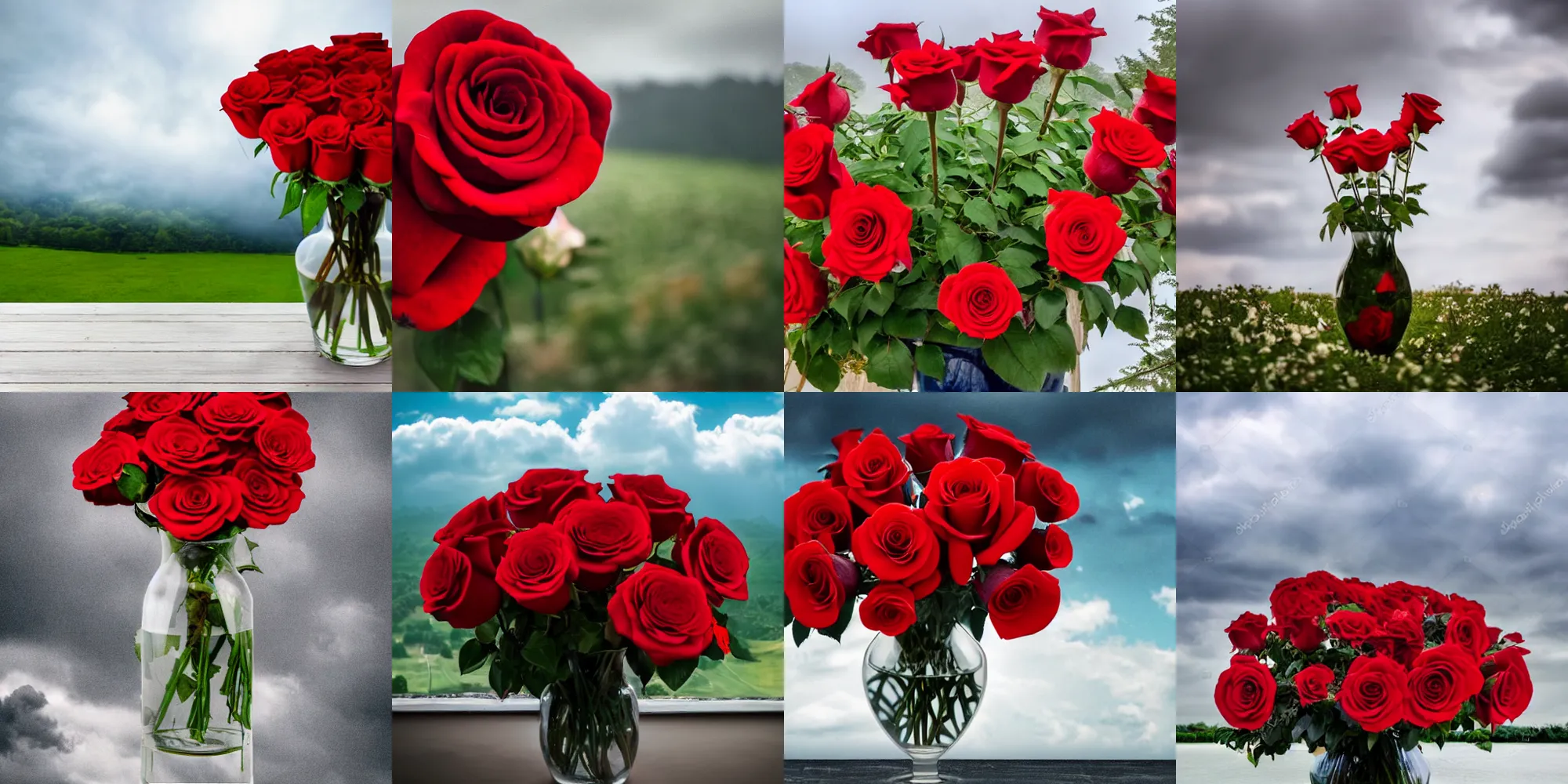 Prompt: a vase with big red roses in a beautiful cloudy view realistic