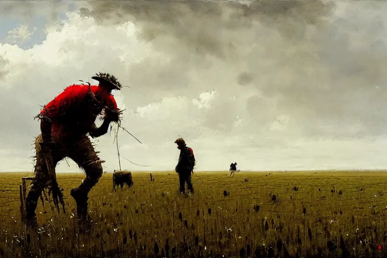 Image similar to jakub rozalski monster in a farmer's field