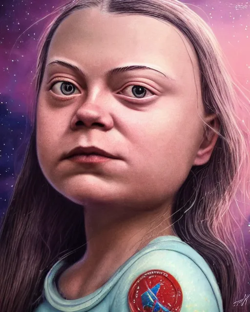 Image similar to closeup face profile portrait of greta thunberg as a soviet space toy, bikini, depth of field, zeiss lens, detailed and intricate environment, fashion photoshoot by nicoletta ceccoli, mark ryden, lostfish, breathtaking, 8 k resolution, artistic, hyperrealistic, octane render