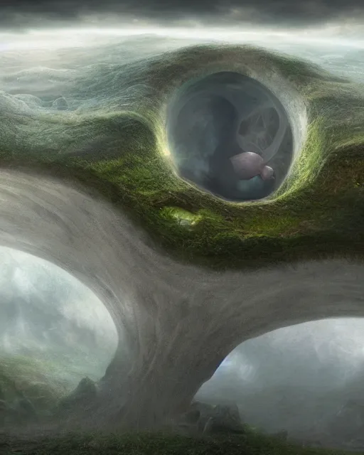 Image similar to photorealistic, the circular hollow earth fantastical landscape with the dreaming god in the middle of it, by anton semenov, trending on artstation, 4 k hd, gigapixel, fantasy art, sharpness applied, hyperrealism, low light, dark rainbow