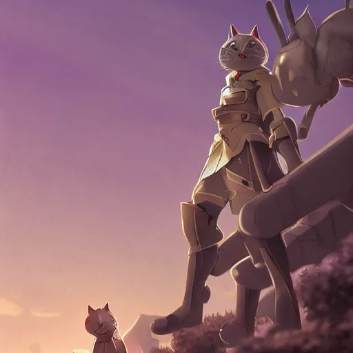 Prompt: anthropomorphic cat in plate armor commanding an army of demons, award winning digital art by Makoto Shinkai