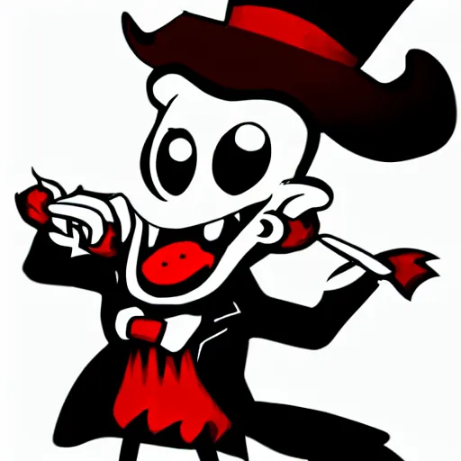 Prompt: a small vampire with a top hat in the style of chad moldenhauer, cuphead, 8 0's style