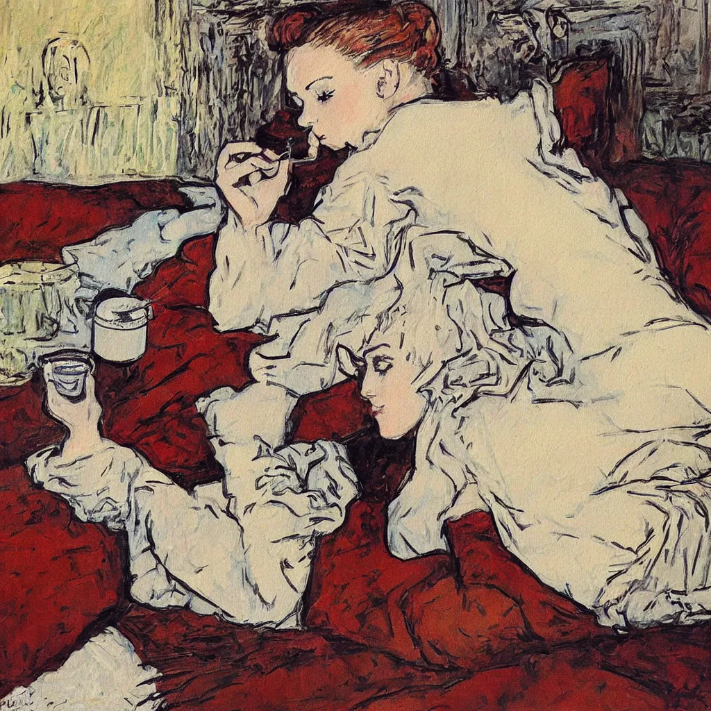 Image similar to a beautiful painting of a beautiful far woman drinking coffee in a bed with white sheets drinking coffee in the style of telous lautrec