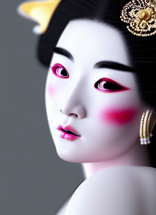 Image similar to Geisha extreme closeup photo portrait, beautiful pale makeup, pearlescent skin, elegant pose, very detailed, highly detailed kimono, photorealism, artstation, different point of view, sharp focus, photorealistic, soft diffuse lights, canon 5D 50 mm lens, zen natural background, def of field