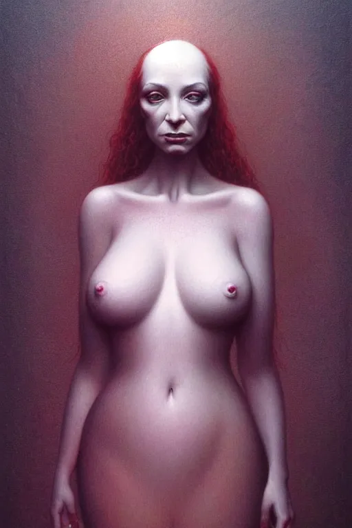 Image similar to full body portrait of christina hendricks, by zdzislaw beksinski, by dariusz zawadzki, by wayne barlowe, gothic, surrealism, cosmic horror, lovecraftian, cold hue's, warm tone gradient background, concept art, beautiful composition