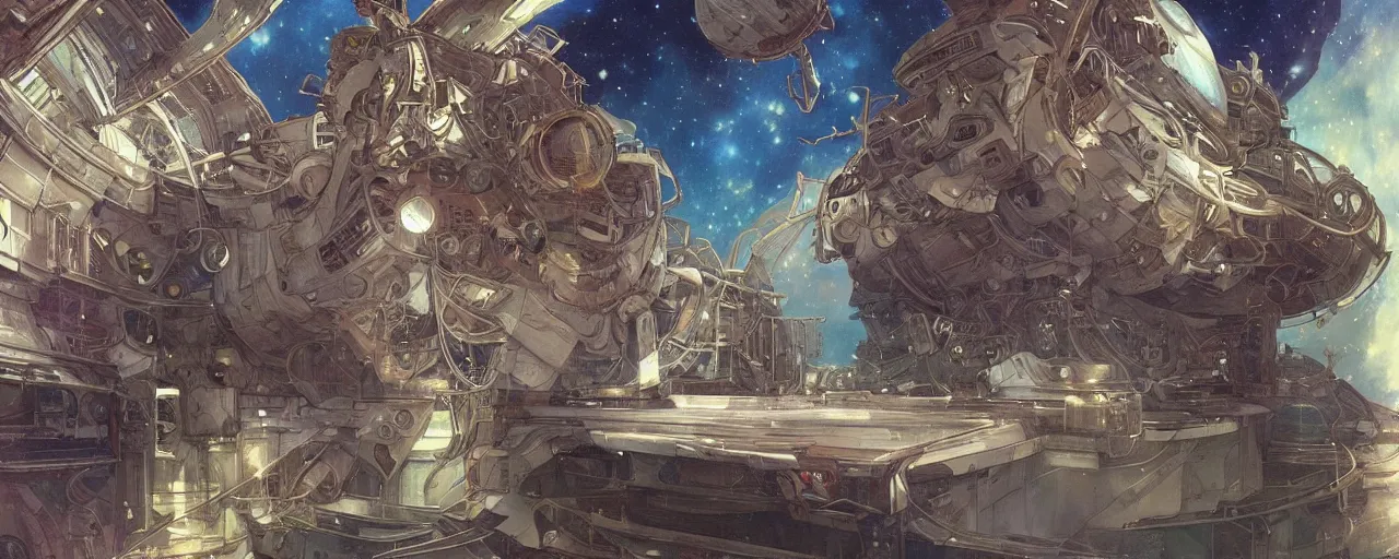 Image similar to A outside view of abandoned space station in the deep space, fantasy, intricate, elegant, highly detailed, digital painting, artstation, concept art, illustration, art by artgerm and alphonse mucha