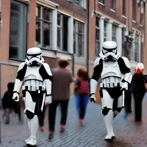 Image similar to a low - detailed picture of stormtroopers walking in amsterdam, digital art