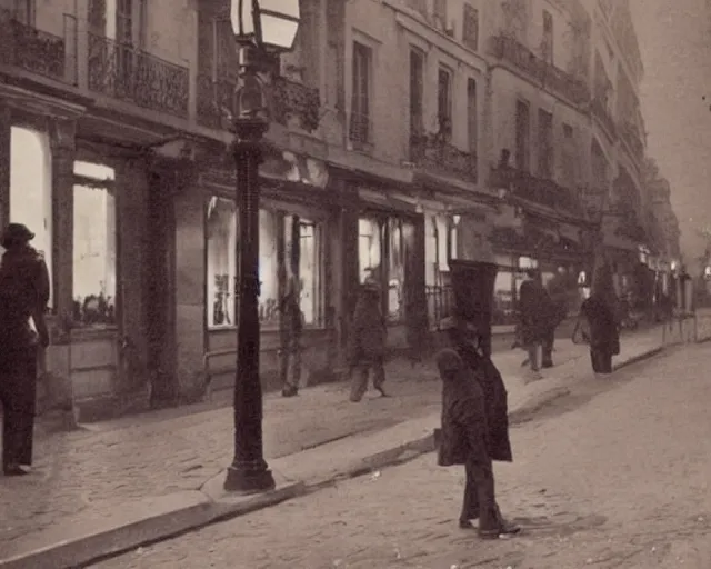 Prompt: a ragged clothed man begging on a street in early 2 0 th century paris. he has a top hat. street lights. evening. warm atmosphere. epic scene.