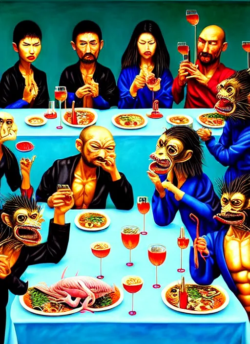 Prompt: hyper realistic detailed last supper image of a criminal yakuza reptile family in oriental clothes in an old italian restaurant feasting over alien brain salad and roasted flamingo dishes and drinking sparkling wine by Bel Fullana, Rhys Lee, Storm Thorgerson, and Danny Fox, neo expressionism, semi naive, rich deep colors, cinematic. Allison Schulnik painting, part by Adrian Ghenie and Gottfried Helnwein. art by Ron Mueck. masterpiece