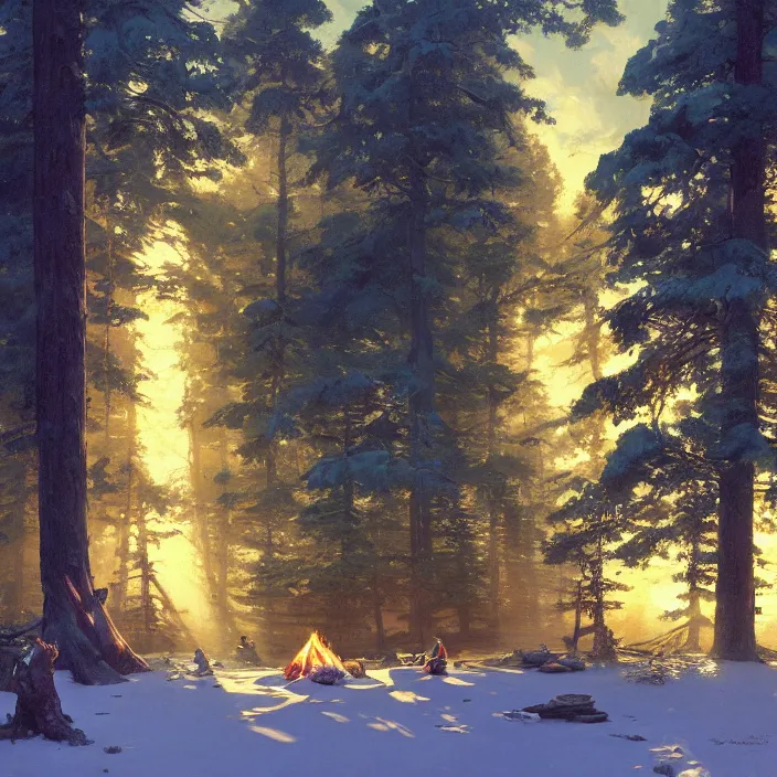 Prompt: golden hour, god rays, surreal trippy coniferous forest taiga blizzard, very small campfire, extremely detailed oil painting, rhads, sargent and leyendecker, savrasov levitan polenov, bruce pennington, studio ghibli, tim hildebrandt, digital art, landscape painting, trending on artstation, masterpiece