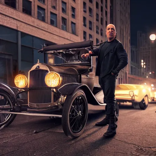 Image similar to very closeup photo of vin diesel as tommy angelo standing near ford model t, chicago 1 9 3 0, night, volumetric lighting, ultra realistic, highly detailed, cinematic, art by jan urschel and neil blevins