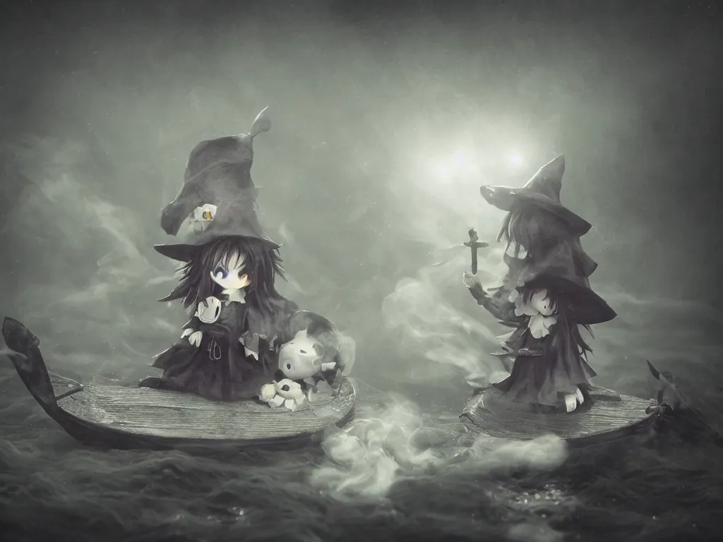 Image similar to cute fumo plush girl witch in a small boat on murky river water, river styx, cursed otherworldly chibi gothic horror wraith maiden, lost in the milky void, hazy heavy swirling murky volumetric fog and smoke, moonglow, lens flare, vray