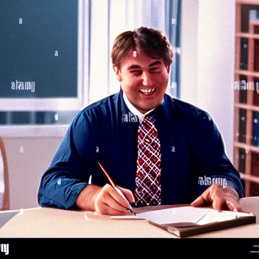 Prompt: clean - shaven chubby white man wearing a shirt and necktie sitting at a desk writing on a small card, smiling, 1 9 8 9 movie still, tv scan lines, cinematography, cinematic lighting