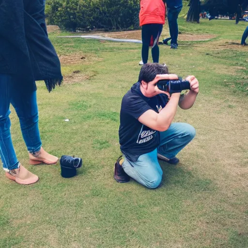 Image similar to person kneeled down taking a photograph of another person