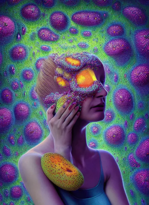 Image similar to hyper detailed 3d render like a Oil painting - Aurora (Singer) Eats of the Strangling Fruit of penance open eyes and Her Hands full of gossamer polyp blossoms bring iridescent fungal flowers whose spores black the foolish stars by Jacek Yerka, Mariusz Lewandowski, Houdini algorithmic generative render, Abstract brush strokes, Masterpiece, Edward Hopper and James Gilleard, Zdzislaw Beksinski, Mark Ryden, Wolfgang Lettl, hints of Yayoi Kasuma, octane render, 8k