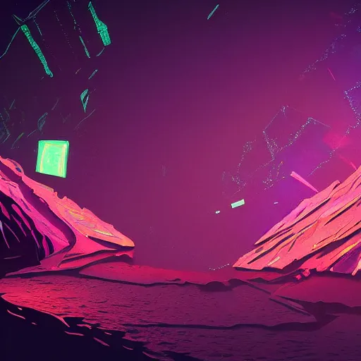 Prompt: a diamond mine, lots of diamonds unearthed, a lights is being reflected all around the dark cave mine, luminous Color’s, synthwave style, concept art.