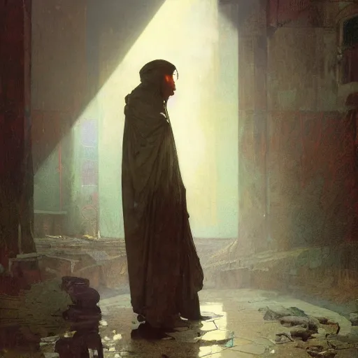 Prompt: half portait of magican wearing a closed cowl holding a big old book! chained!! to his wrist, jeremy mann, jean leon gerome, alphonse mucha, greg rutkowski, hood covers his eyes, ( ( ruins of ancient rome ) ), at dusk, mysterious atmosphere, sunrays, dof, masterpiece, high detailed, 8 k