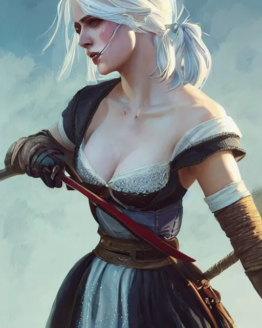 Prompt: Ciri from Witcher 3 by Artgerm and Greg Rutkowski, wearing haute couture by schiaparelli, sharp focus, sun rays, intricate, elegant, highly detailed, digital painting, masterpiece.