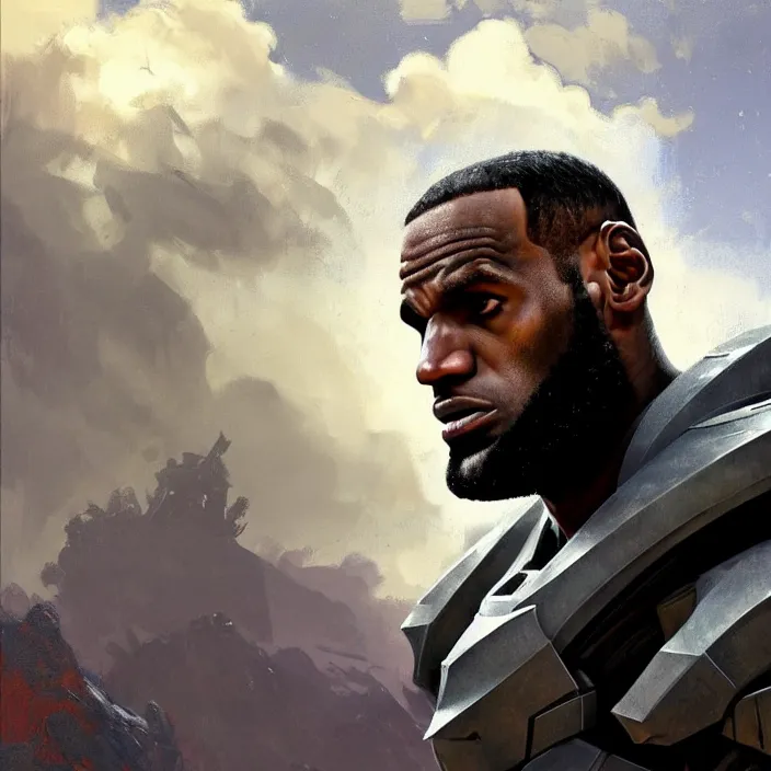 Image similar to LeBron James wearing Forerunner armor from Halo, countryside, calm, fantasy character portrait, dynamic pose, above view, sunny day, thunder clouds in the sky, artwork by Jeremy Lipkin and Giuseppe Dangelico Pino and Michael Garmash and Rob Rey and Greg Manchess and Huang Guangjian, very coherent asymmetrical artwork, sharp edges, perfect face, simple form, 100mm