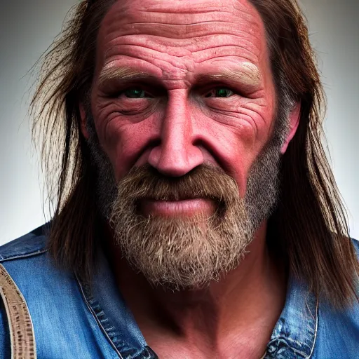 Image similar to film still photo portrait of a toothless middle aged 5 6 year old redneck hillbilly with a mullet, funky looking, realistic, hyperrealistic, 8 k resolution, hd quality, very detailed, highly detailed, intricate details, real life, real world, trending on artstation, digital art, really realistic, very realistic, headshot, head in frame, photograph, portrait