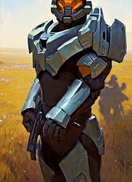 Image similar to Greg Manchess painting of a humanoid Corgi wearing Forerunner Armor from Halo, countryside, calm, fantasy character portrait, dynamic pose, above view, sunny day, artwork by Jeremy Lipkin and Giuseppe Dangelico Pino and Michael Garmash and Rob Rey, very coherent asymmetrical artwork, sharp edges, perfect face, simple form, 100mm