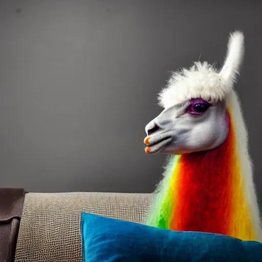 Image similar to photo of a rainbow llama eating popcorn and watching tv