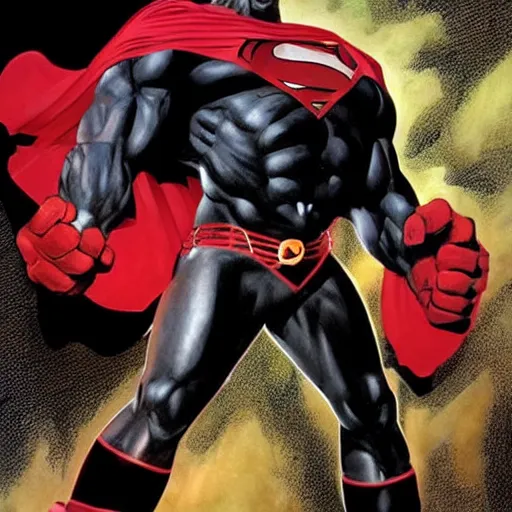 Prompt: art style simon bisley, big black superhero raising fist