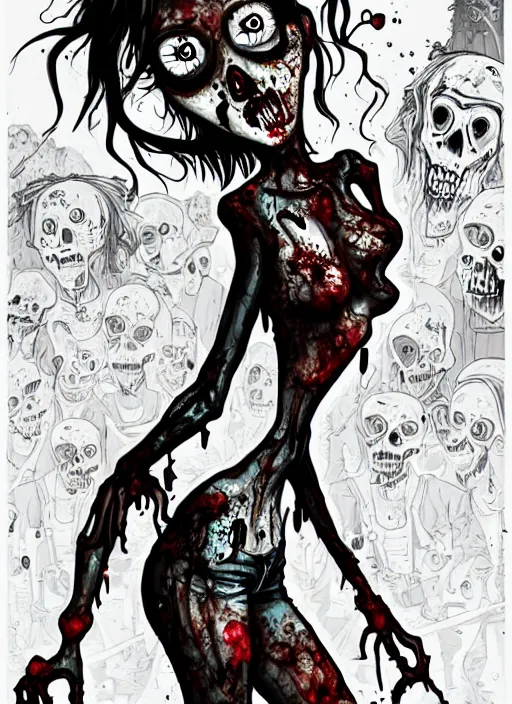 Image similar to zombie girl by matthieu cousin and wendy pini, pen and ink illustration, fine inking lines, flat colors, character design, concept art