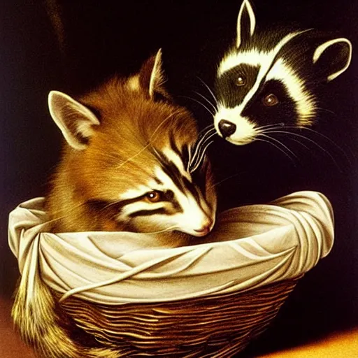 Prompt: a painting by caravaggio : a cat and a racoon cuddling in a small basket next to a firepit