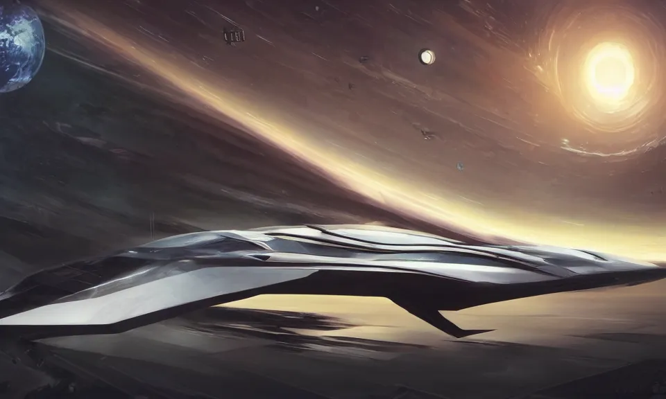 Prompt: Near a hull of a sleek space-ship designed by syd mead. Floating in outerspace. Space sci-fi spaceopera. Establishing shot. Octane render. Unreal Engine. 4k. 8k. cgsociety. Masterpiece Art by world famous artist demo. Matte painting. Oil on canvas. Digital art. Fantastic intriguing mysterious lighting. Glorious. Trending on artstation. Visions. Visionary. Immensity.