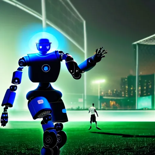 Prompt: a cyberpunk robot playing soccer in a soccer terrain, national geographic photography, 3 d, make it look like dall - e 2 made it