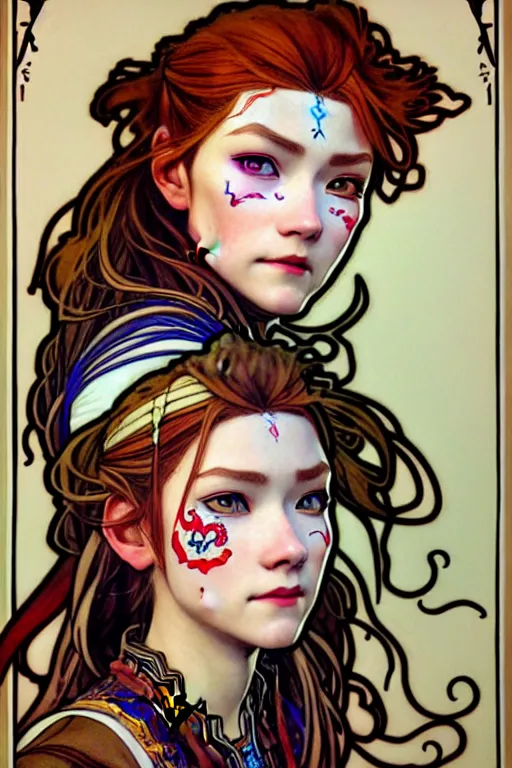 Image similar to beautiful art - nouveau portrait painting of aloy!!!, aloy!!!, artstation, horizon zero dawn!!!, art by mucha, detailed, fine line work, face paint