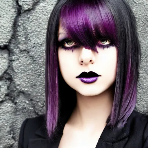 Image similar to Pale-skinned Persian girl, black hime cut hair, long bob cut hair, purple eyes, gothic jacket, mysterious girl, photograph