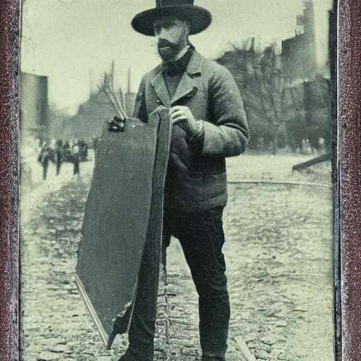 Image similar to 1 9 th century photo of vincent van gogh painting plein air in new york, tin type